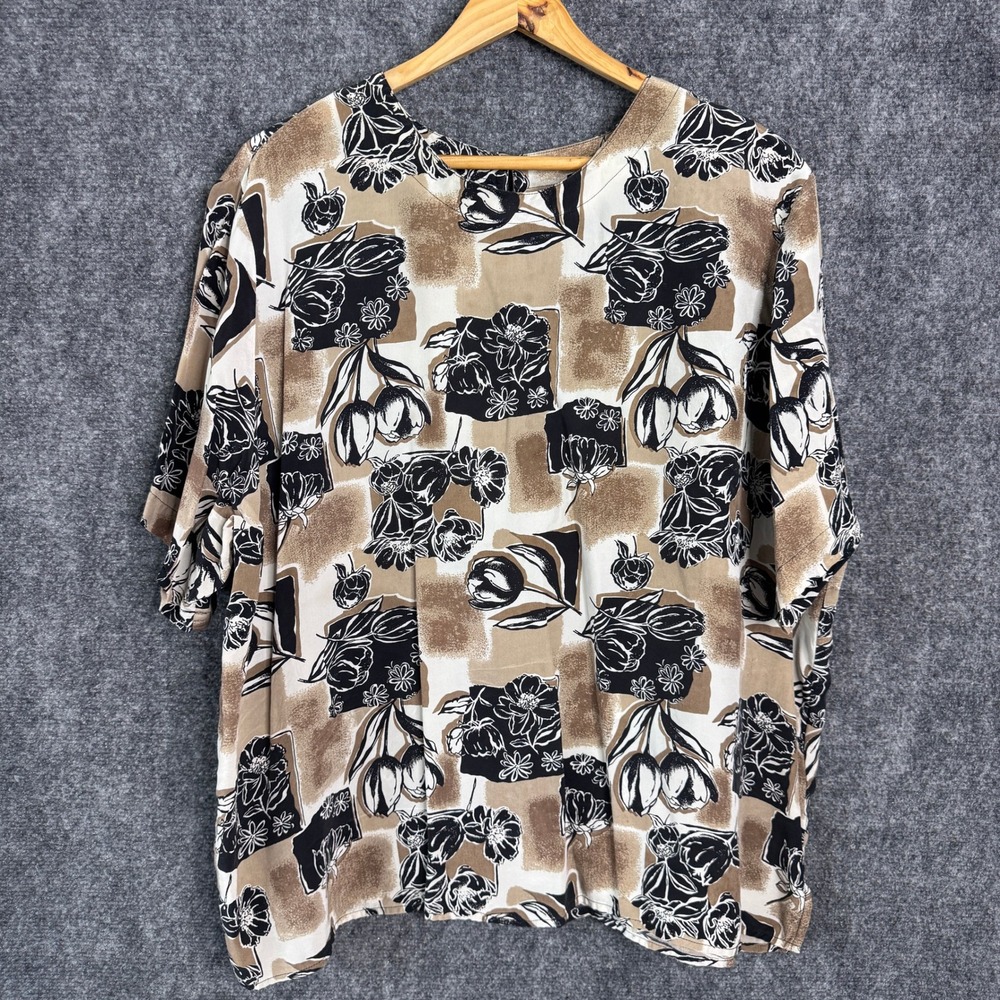 Top Short Sleeve Plus Size 2X 100% Silk Neutral Artsy Office‎ Work Career Chic